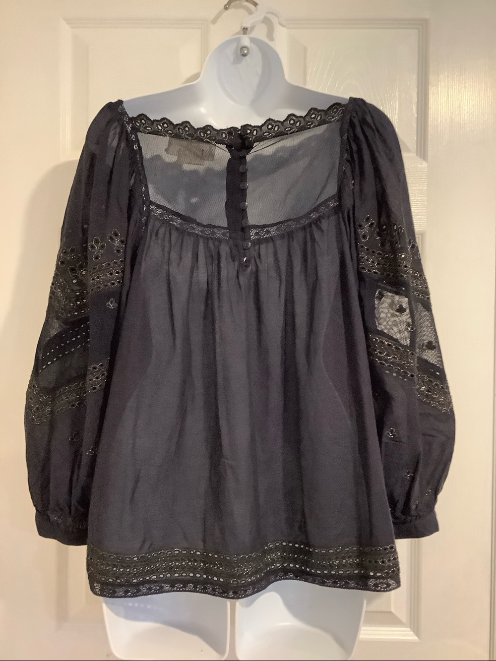 ANTHROPOLOGIE Navy Blue Boho Chic Shimmery Lace Puff Sleeves Fall Top L - Picture 6 of 11